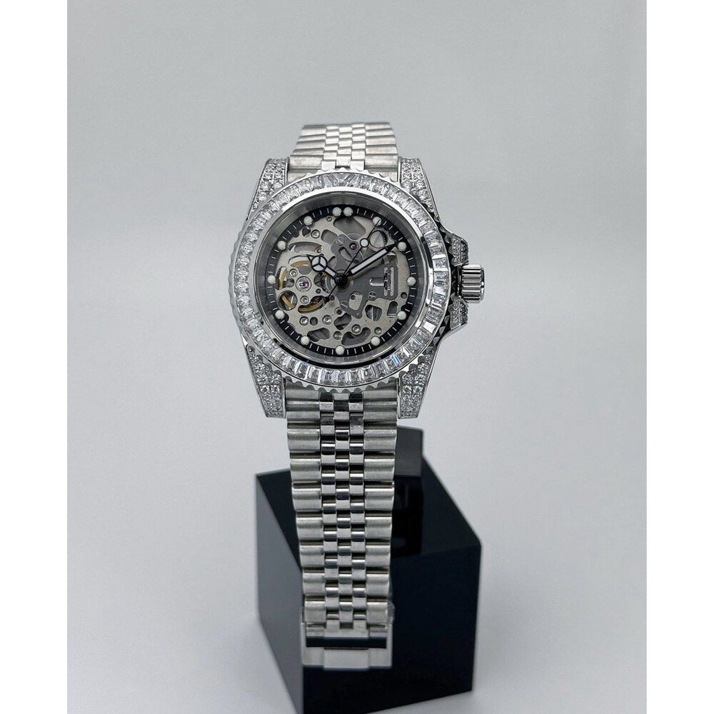 Custom Seiko Mod • Silver Skeleton Full Diamond Yachtmaster w/ Double Endlink Jubilee Bracelet • 40mm